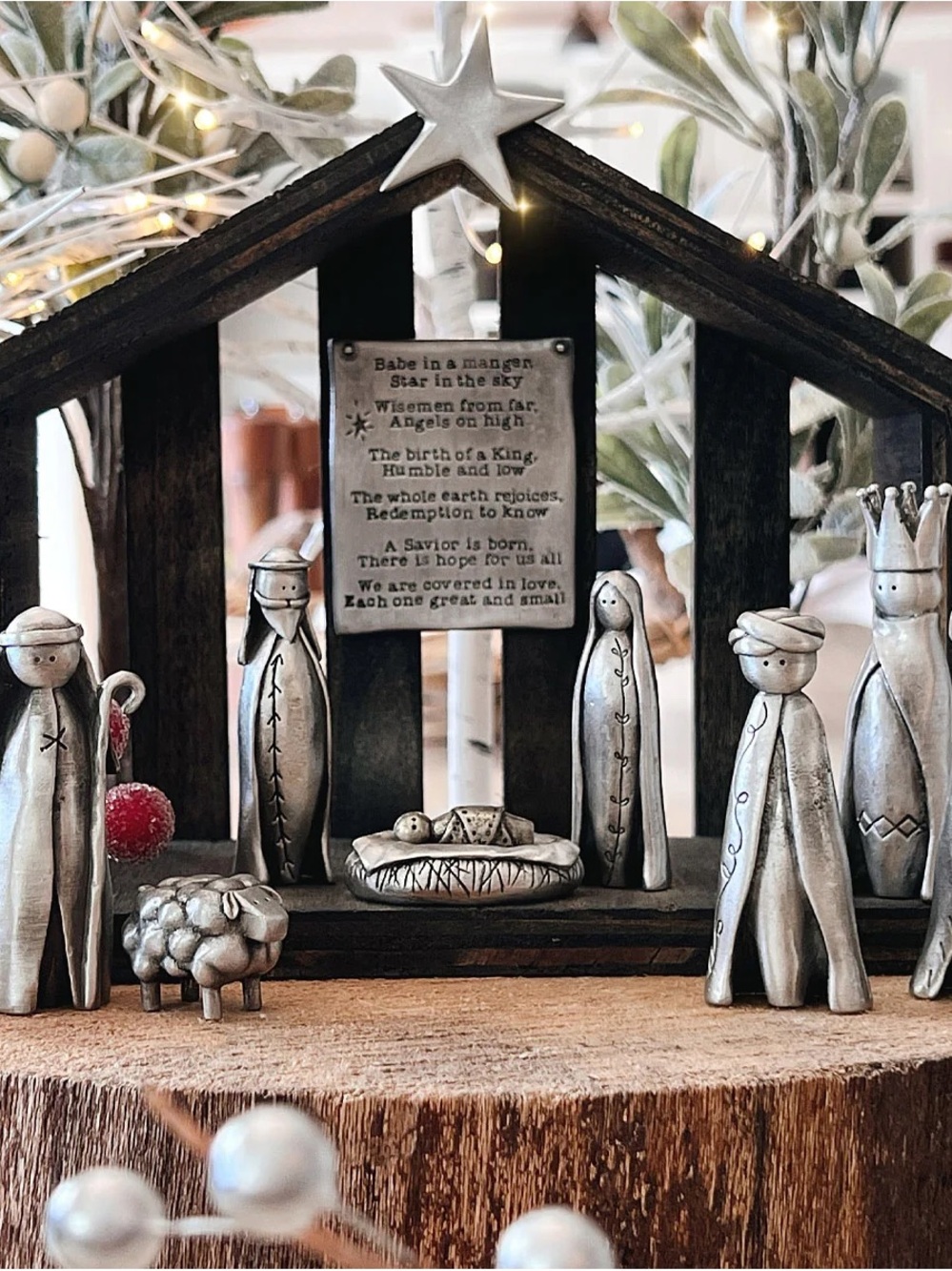 Silver-Tone Wooden Nativity Set - Holiday Tabletop Decor